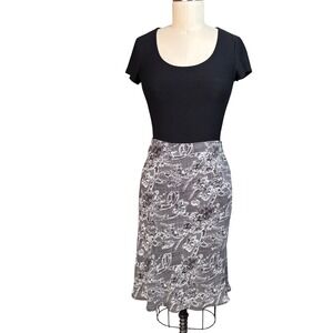 Floral Lace Print Fred David A-Line Midi Skirt L Black White Vintage